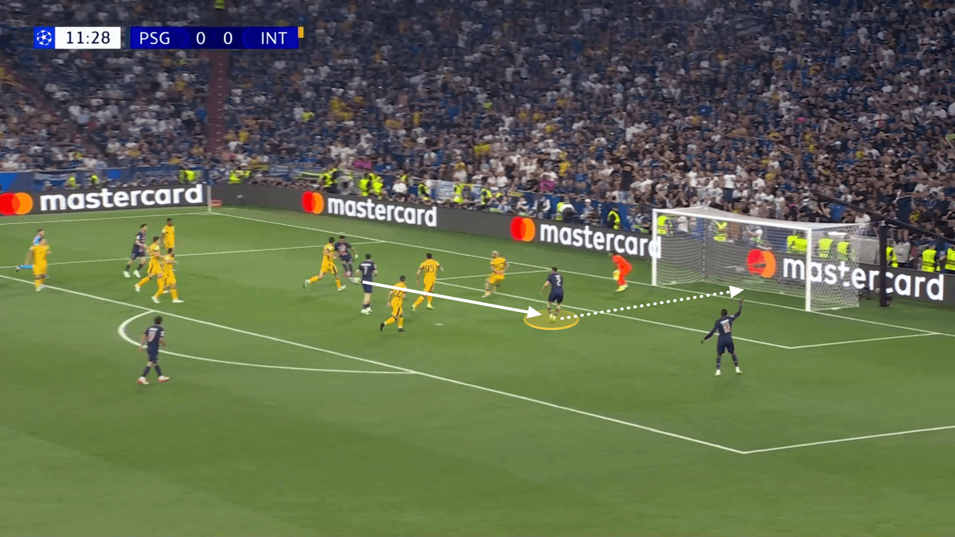 Screengrab showing Hakimi's position in the box as he scored the opening goal for PSG in their 5-0 win against Inter Milan in the Champions League final last season