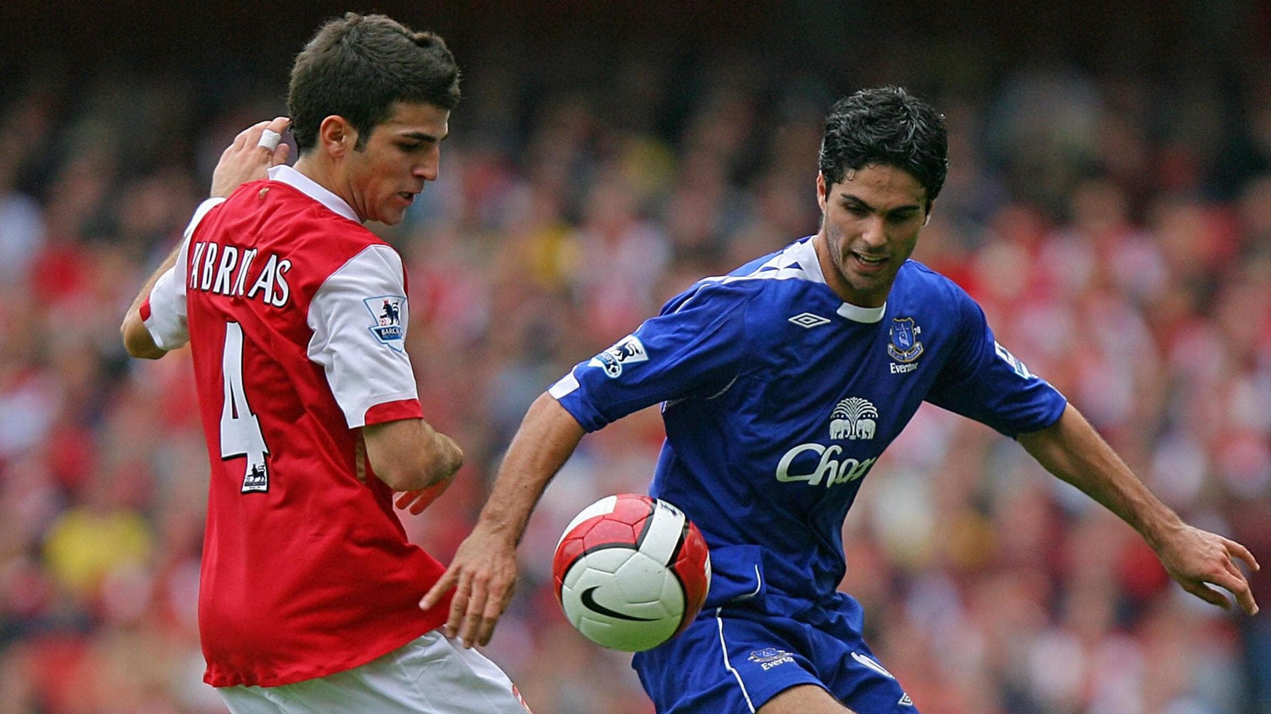 Cesc Fabregas of Arsenal and Mikel Arteta playing for Everton compete for the ball.