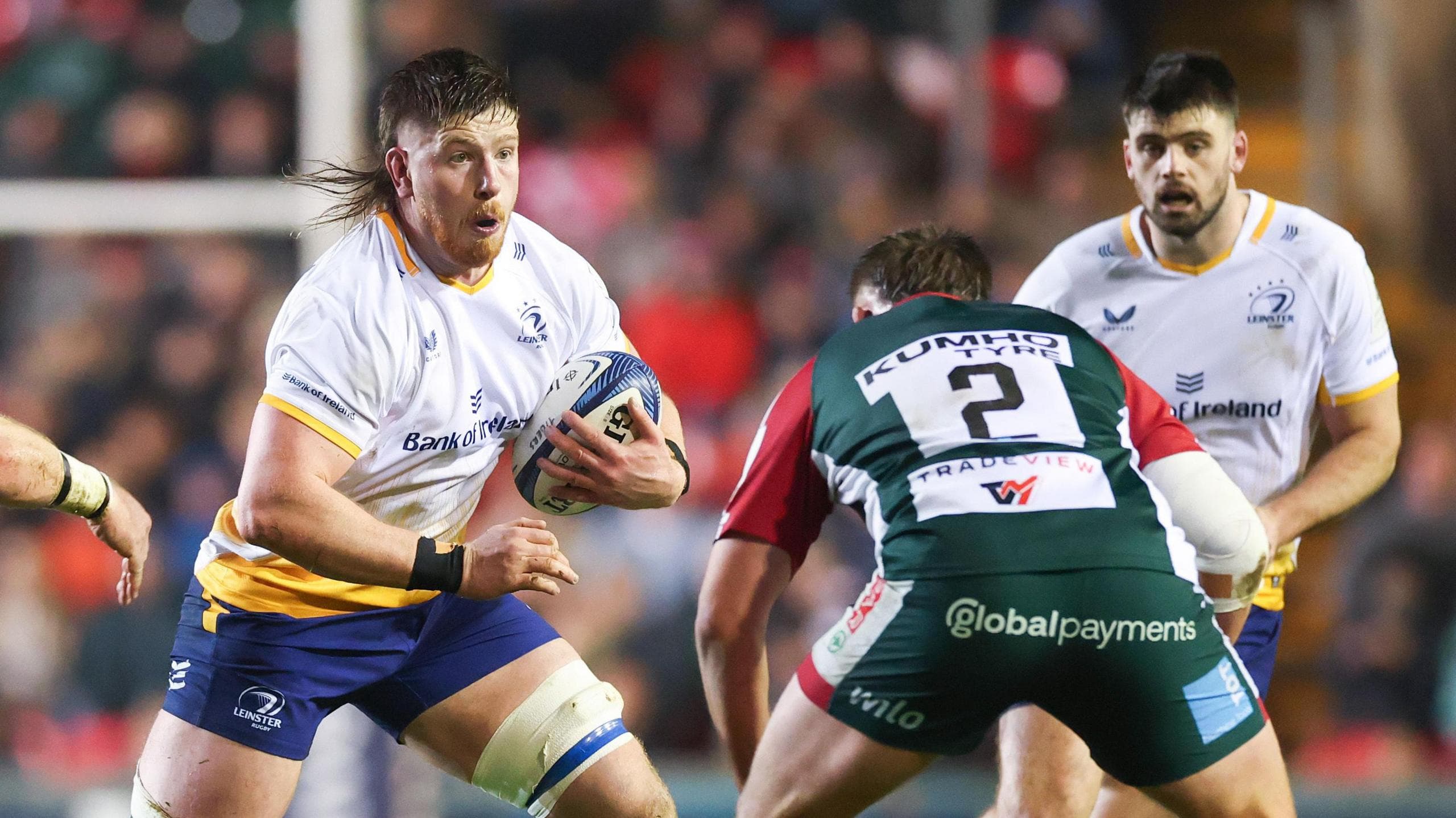 Joe McCarthy runs with the ball for Leinster