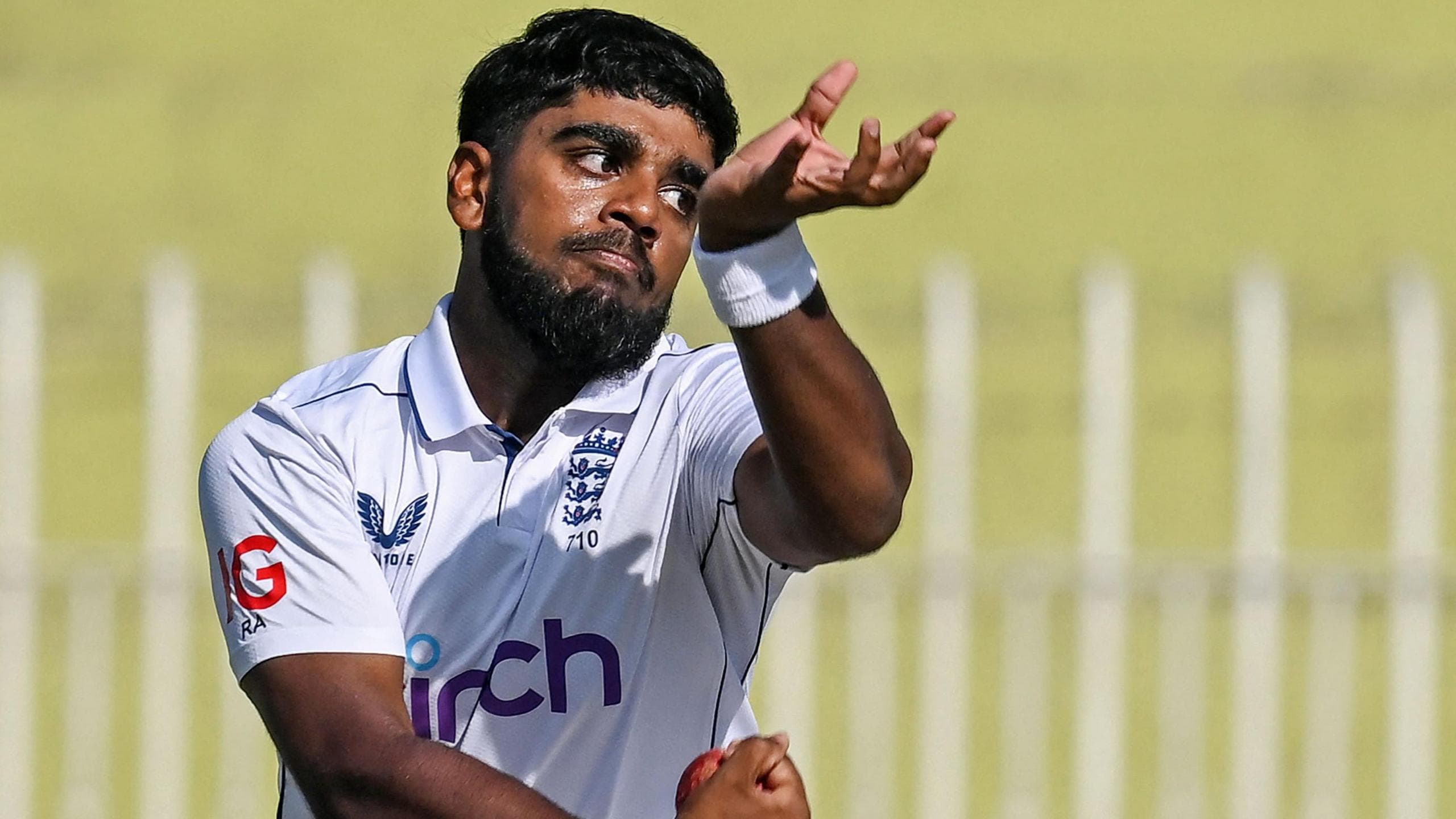 Rehan Ahmed bowls in a Test in 2024