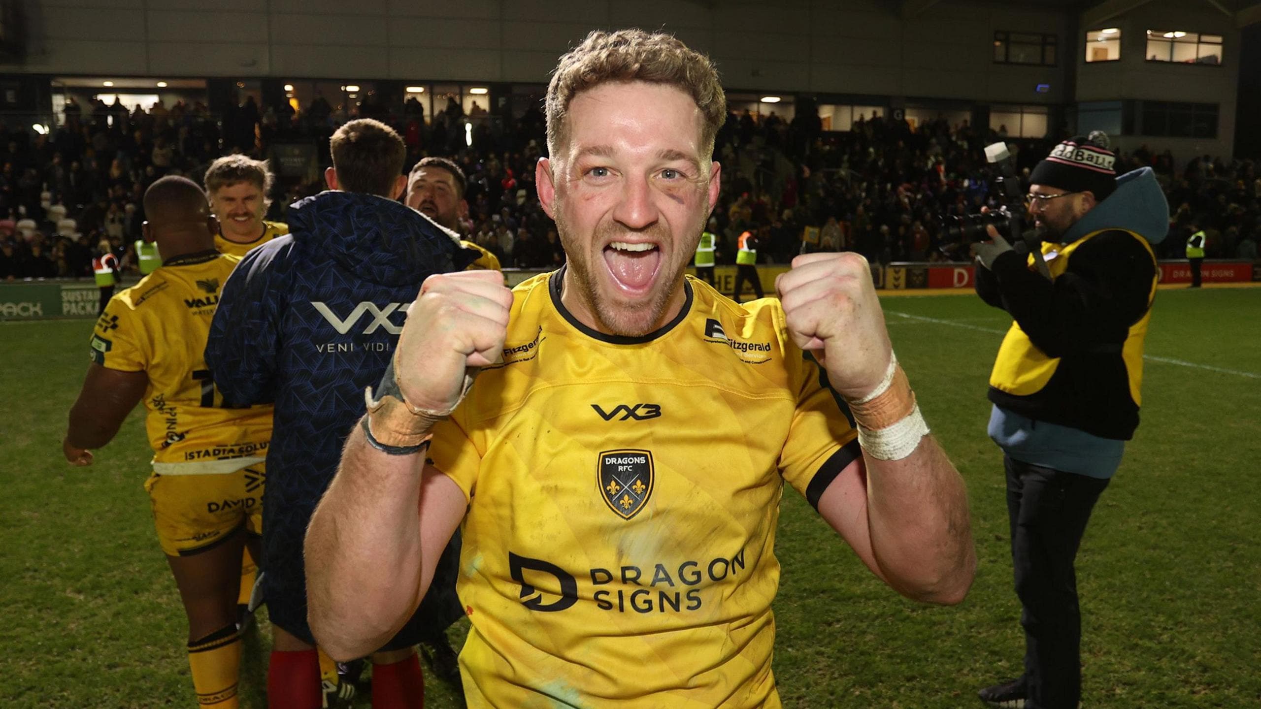 Angus O'Brien celebrates a Dragons win