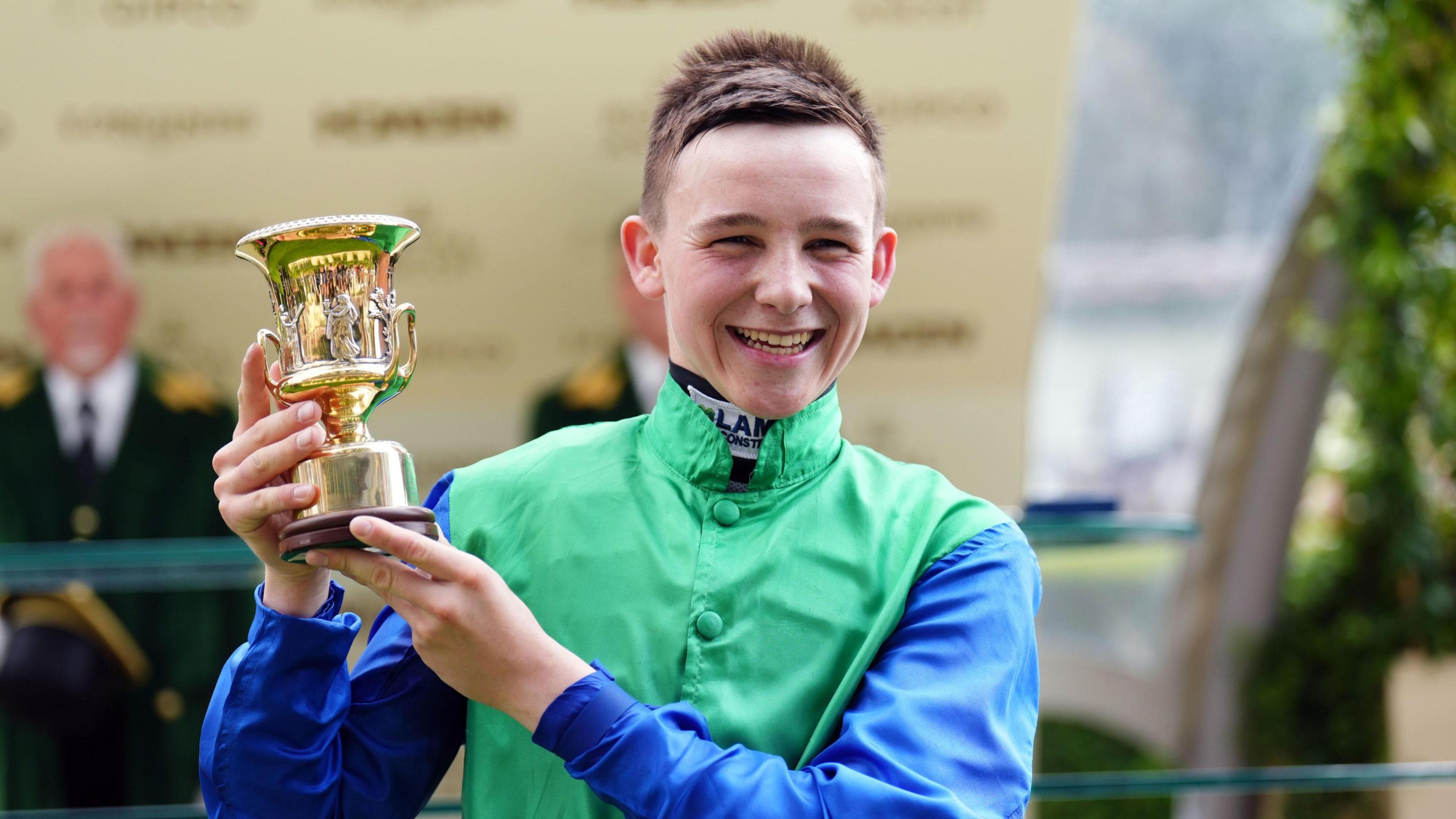 Billy Loughnane pictured at Royal Ascot holing the cup for winning the Coventry Stakes race