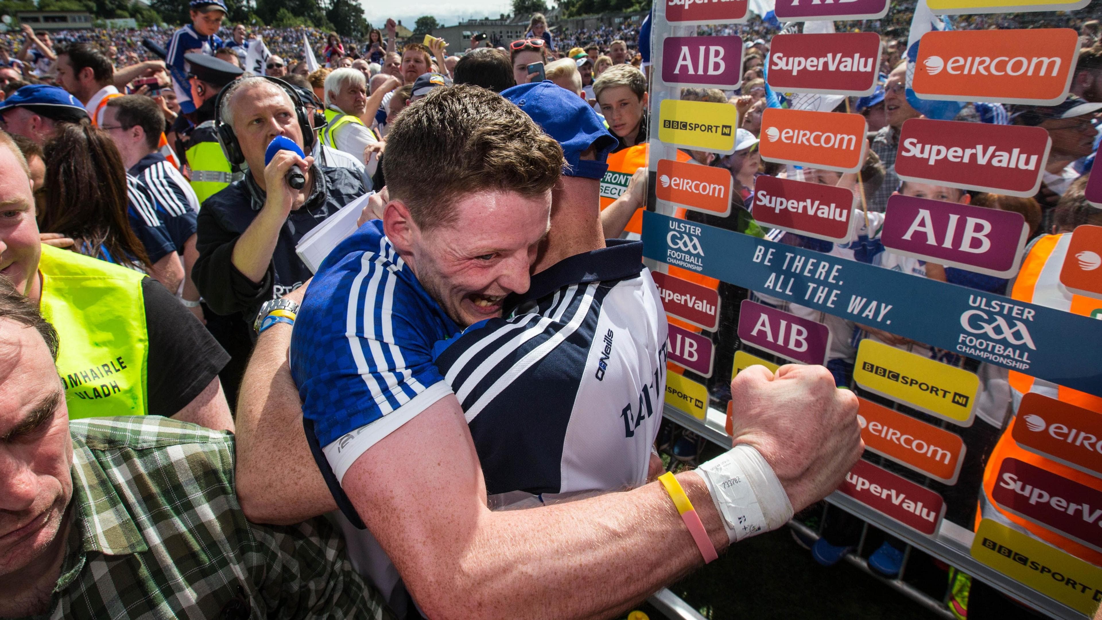 Conor McManus hugs Malachy O'Rourke in 2015