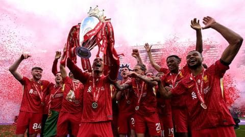 Liverpool celebrate winning the 2024-25 Premier League title