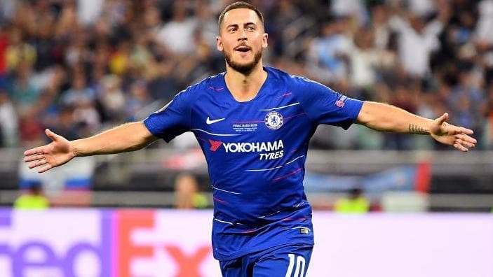 Eden Hazard of Chelsea celebrates after scoring his team's fourth goal during the UEFA Europa League Final between Chelsea and Arsenal at Baku Olimpiya Stadionu