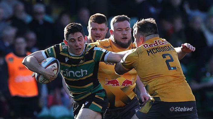Anthony Belleau takes on Newcastle players during Northampton's Prem victory on 21 March