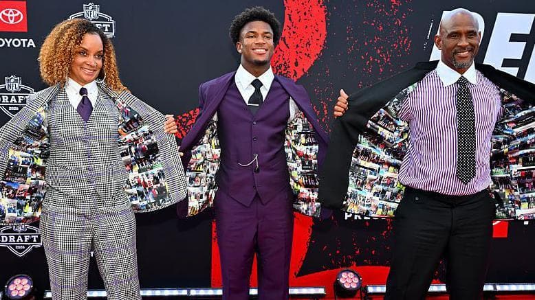 Tanya Shorter Downs, Caleb Downs and Gary Downs pose for a picture before the 2026 NFL Draft