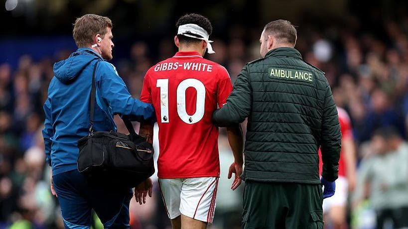 Morgan Gibbs-White is taken off against Chelsea after a clash of heads
