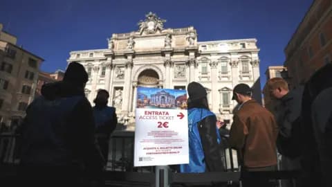 A sign in front of the Trevi Fountain indicates the newly introduced 2 Euro entry fee.