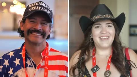 Split screen image showing a man with a mustache wearing a black 'Make America Great Again' cap and a woman with a cowboy hat.