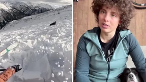 Split image showing the avalanche on the left and Ares with her dog on the right during interview