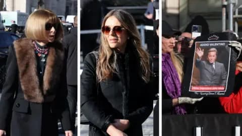 Split screen showing Anna Wintour on the left, Liz Hurley in the middle and mourner holding sign with Valentino's face