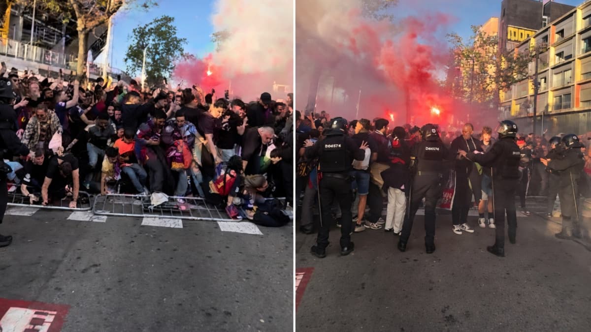 La caída de una valla generó caos en la llegada del autobús del Barcelona al Camp Nou