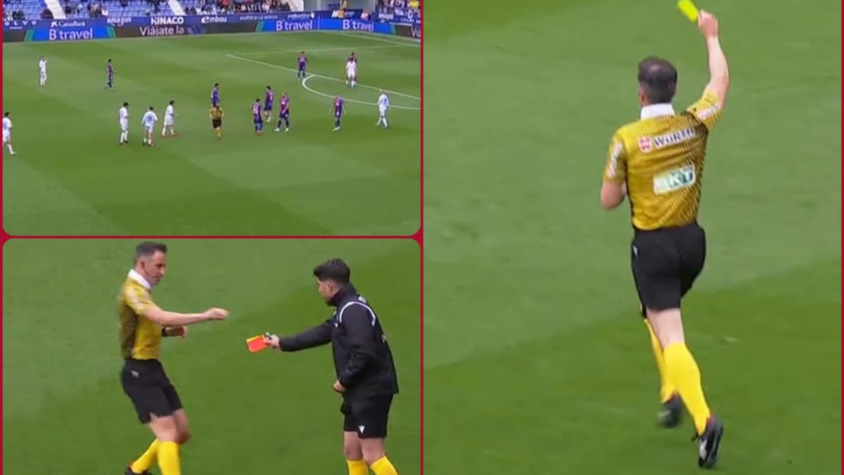 Tenía que ser en la Jornada Retro: el colegiado del Huesca-Deportivo se olvida de las tarjetas... y el cuarto árbitro le presta las suyas