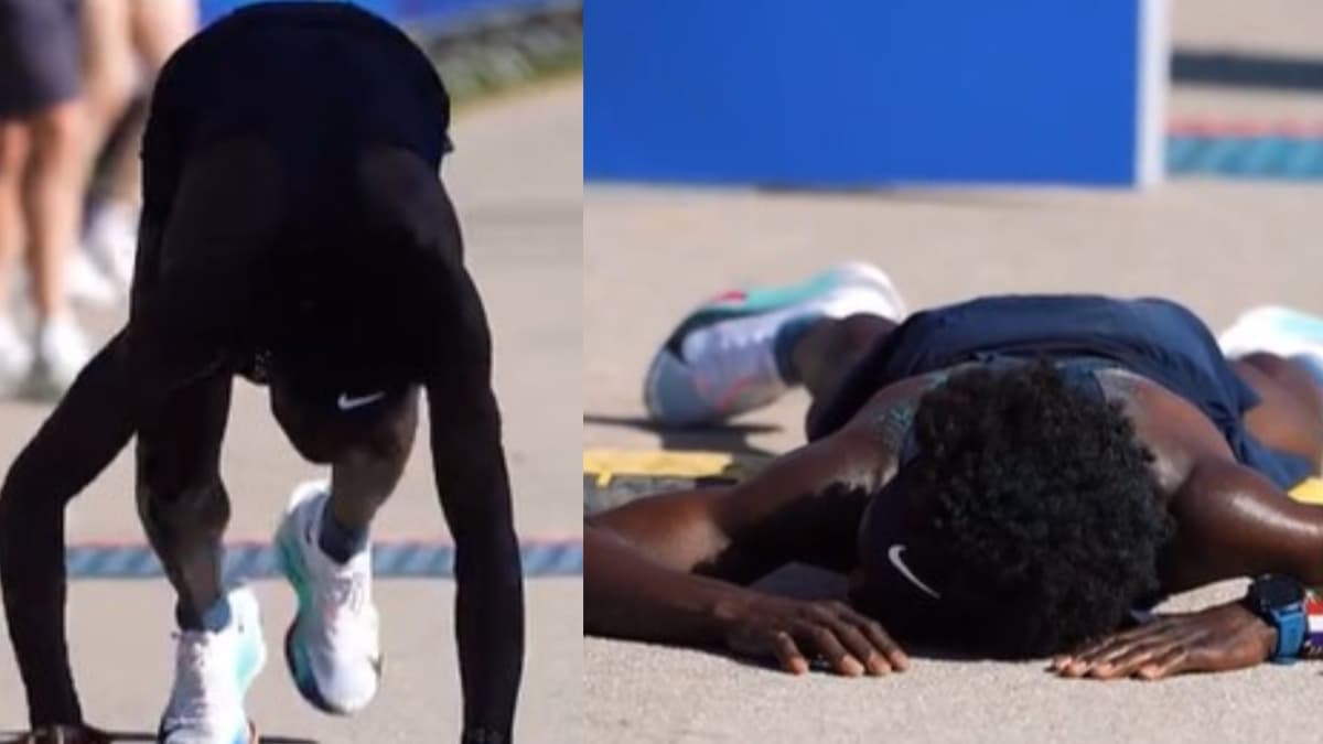 La estrambótica llegada a meta de un maratoniano en Annecy: haciendo eses, a gatas, con una voltereta...