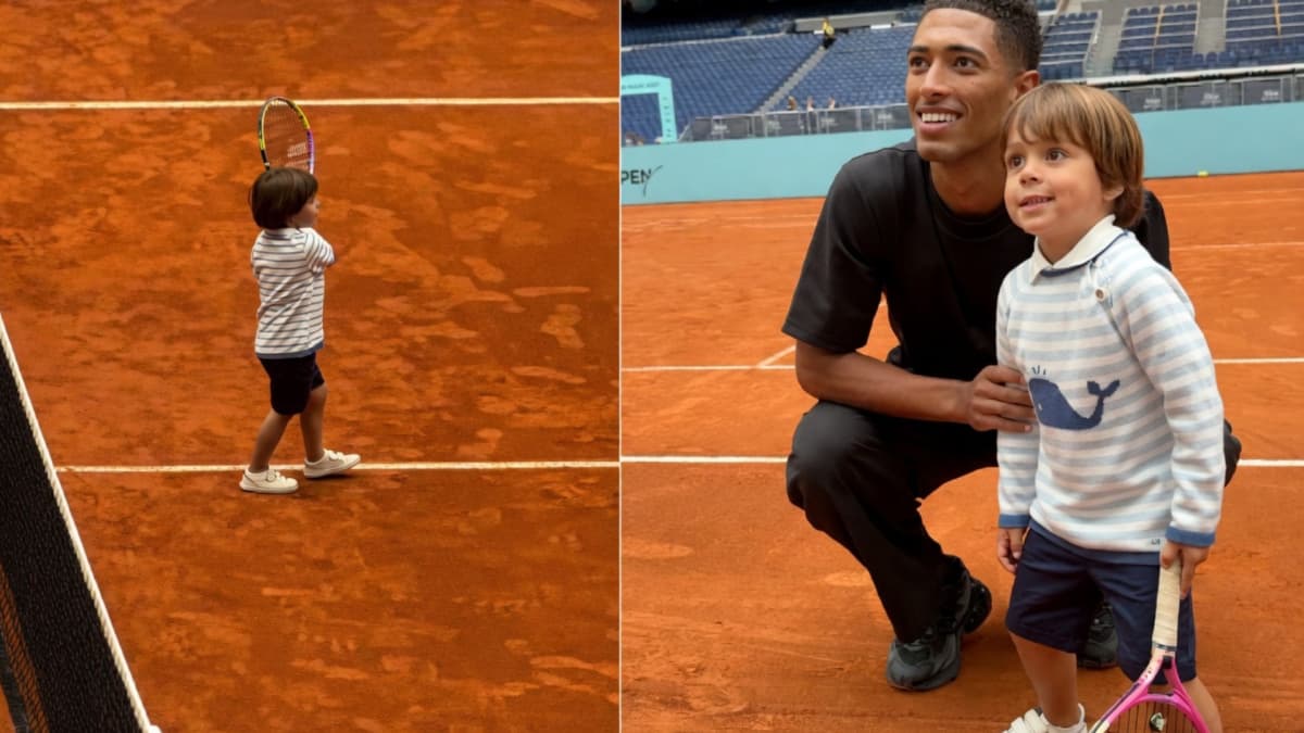El hijo de Nadal se divierte con su padre en el Bernabéu jugando a tenis: así son sus primeros reveses