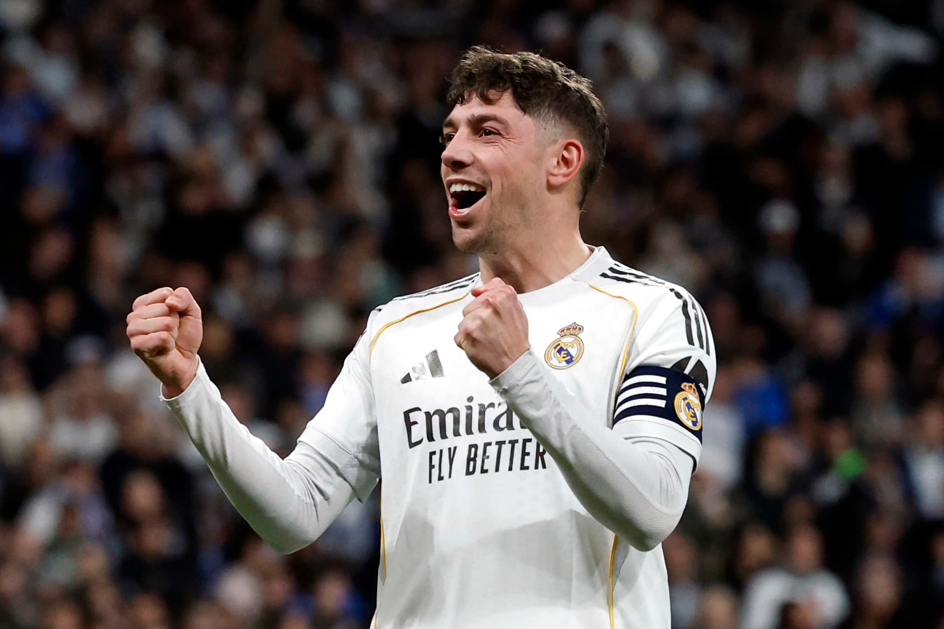 Fede Valverde celebra un gol en el Santiago Bernabéu esta temporada.