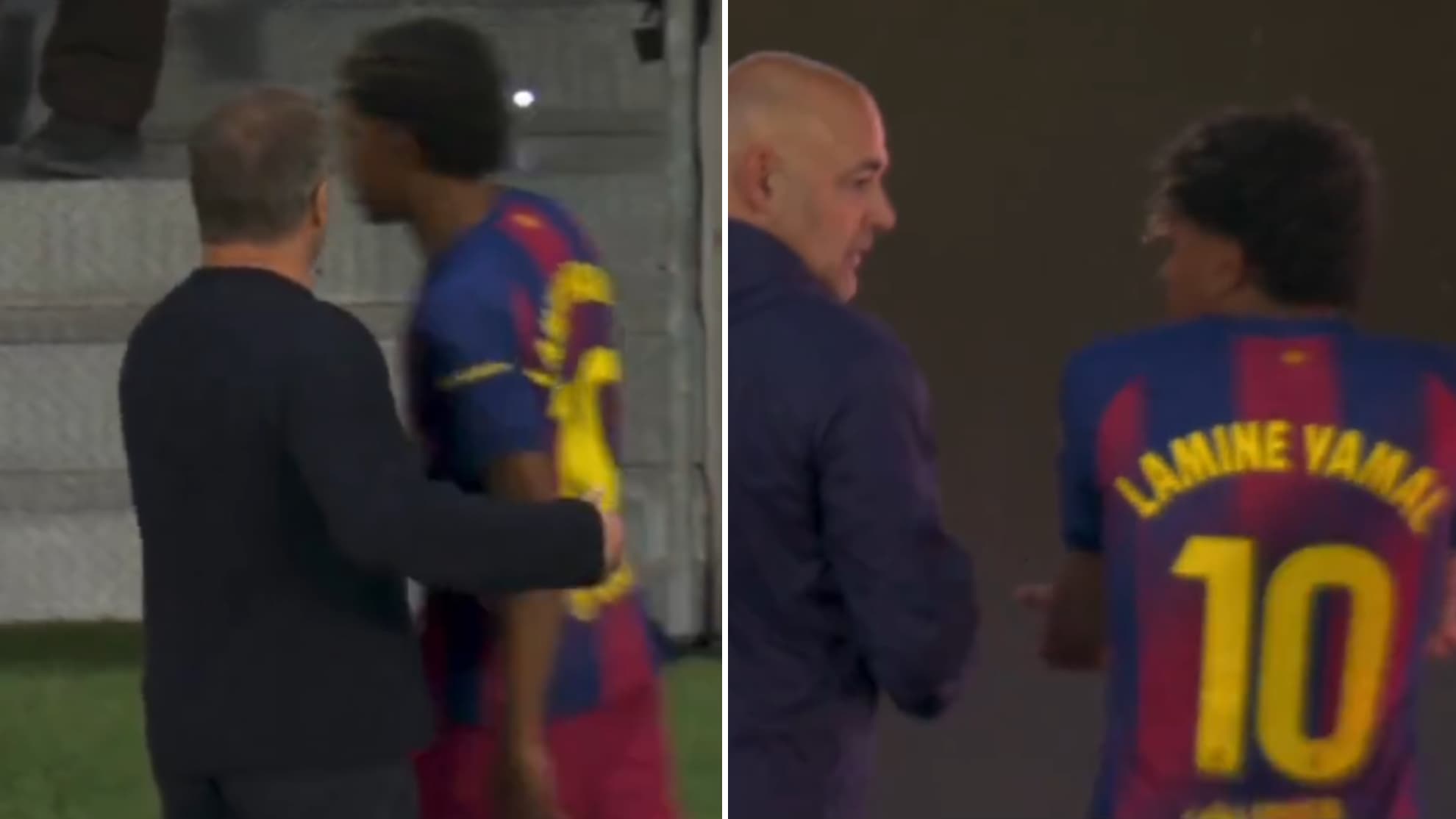 Flick intenta hablar con Lamine y el preparador de porteros le acompaña.