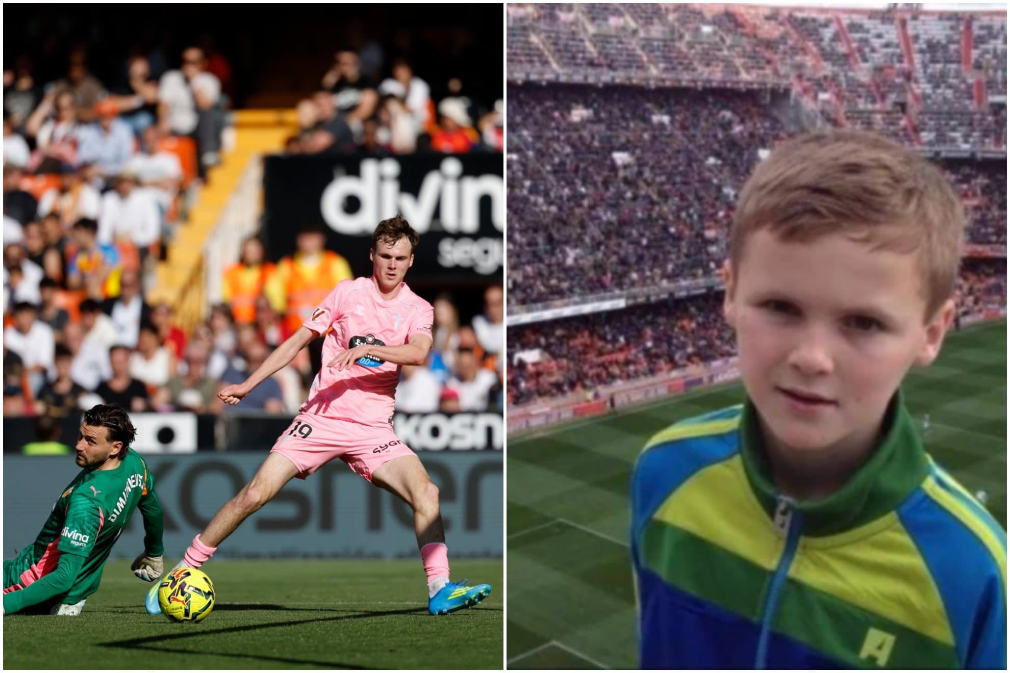 Williot bate a Dimitrievski y al lado una foto de niño en Mestalla.