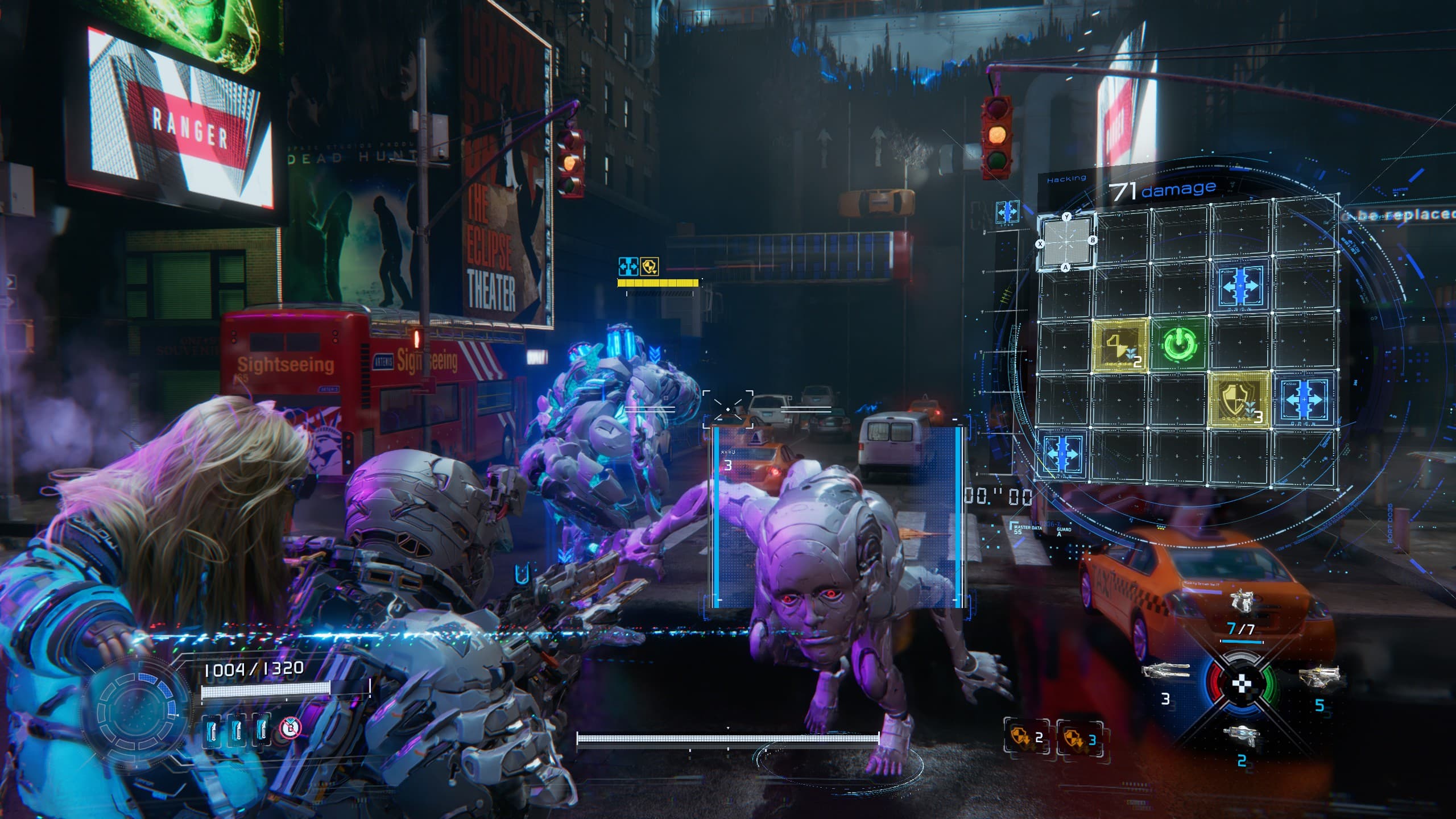 A la izquierda, un enemigo al que ya hemos hackeado. A la derecha, uno con el panel de hackeo con sus distintos nodos.