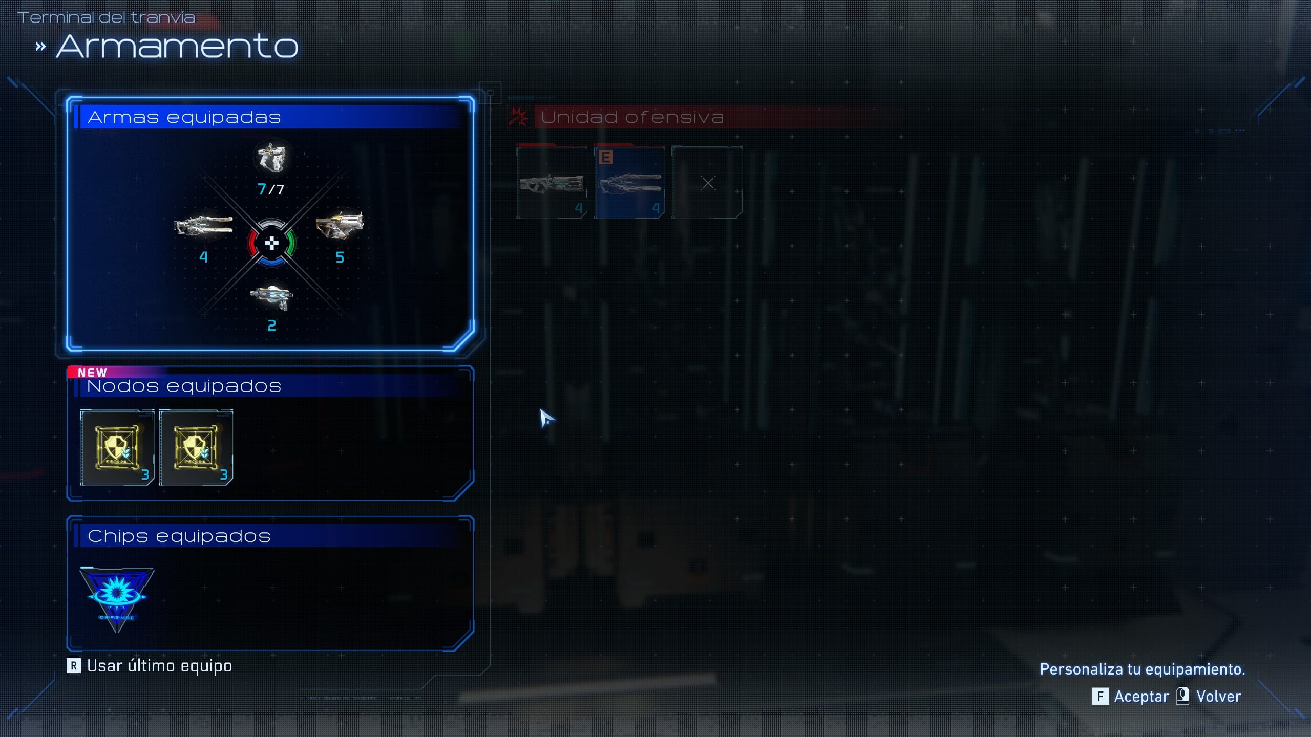 Cada vez que salgamos del Refugio, podremos equiparnos distintas armas, nodos y chips, pero mientras exploramos podemos encontrar otros distintos.