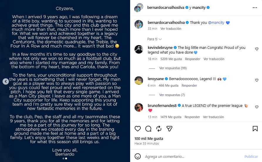 El mensaje de despedida de Bernardo Silva.