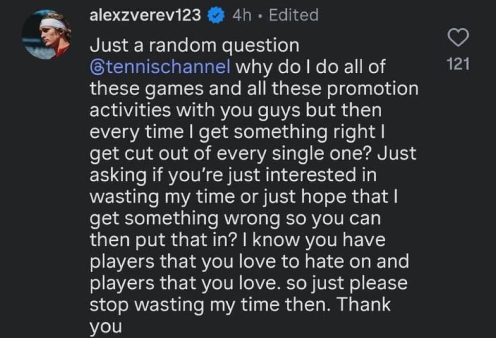 El mensaje de Zverev a Tennis Channel.