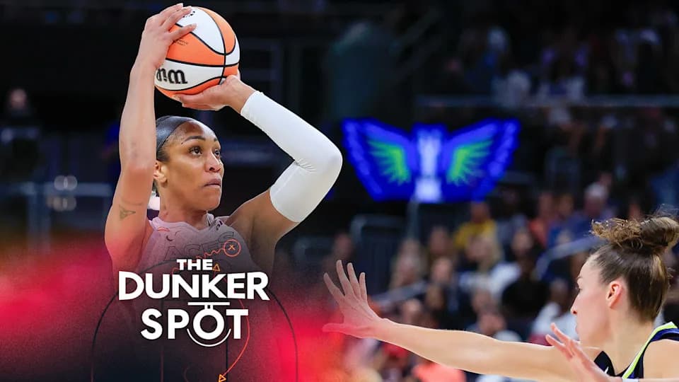AUSTIN, TX - MAY 03: Las Vegas Aces center A'ja Wilson #22 takes a shot over Dallas Wings forward Alysha Clark #32 during the game on May 03, 2026, at the Moody Center in Austin, TX. (Photo by Adam Davis/Icon Sportswire via Getty Images)