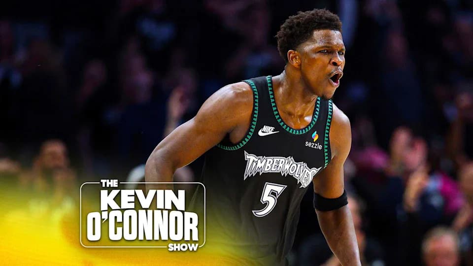 Anthony Edwards #5 of the Minnesota Timberwolves celebrates his three-point basket against the Denver Nuggets in the second quarter of Game Three of the First Round of the 2026 NBA Western Conference Playoffs at Target Center on April 23, 2026 in Minneapolis, Minnesota. (Photo by David Berding/Getty Images)