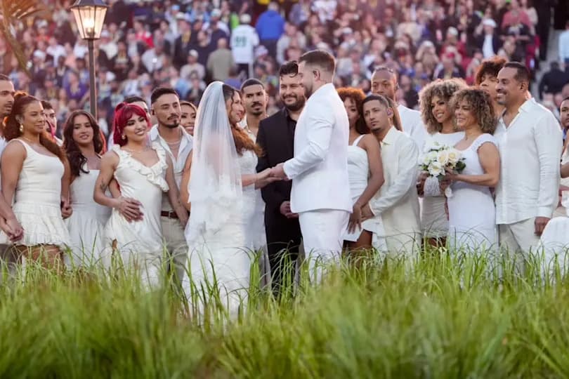 Eleisa Aparicio and Thomas Wolter, two registered nurses from the greater Los Angeles area, were married at the Super Bowl LX in Santa Clara, Calif., on Feb. 8, 2026. Around 70,000 people were in attendance.
