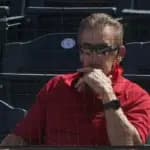 Los Angeles Angels owner Arte Moreno watches game action during a spring training game against the San Francisco Giants at Tempe Diablo Stadium.