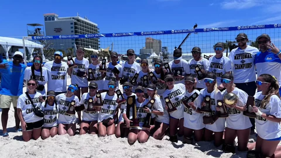 No. 3 UCLA beach volleyball wins 2026 NC beach volleyball championship with a 3-0 victory of No. 1 Stanford on Sunday, May 3 in Gulf Shores, Alabama. Photo Credit: UCLA Athletics