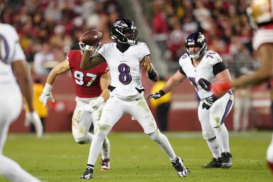 Dec 25, 2023; Santa Clara, California, USA; Baltimore Ravens quarterback Lamar Jackson (8) throws a pass against the San Francisco 49ers in the third quarter at Levi's Stadium. Mandatory Credit: Cary Edmondson-USA TODAY Sports