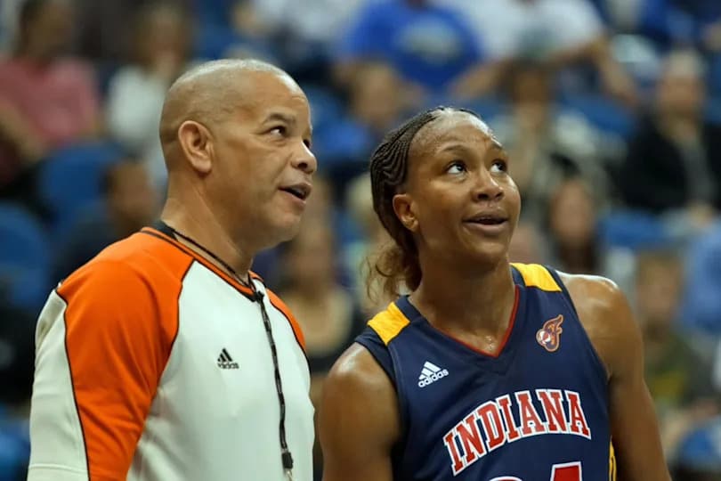 Indiana Fever forward Tamika Catchings (24) talks with a referee during the second quarter against the Minnesota Lynx at the Target Center.