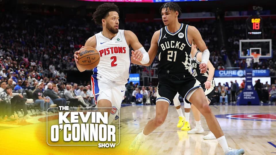 DETROIT, MICHIGAN - APRIL 08: Cade Cunningham #2 of the Detroit Pistons tries to drive around Ousmane Dieng #21 of the Milwaukee Bucks during the second half at Little Caesars Arena on April 08, 2026 in Detroit, Michigan. (Photo by Gregory Shamus/Getty Images)
