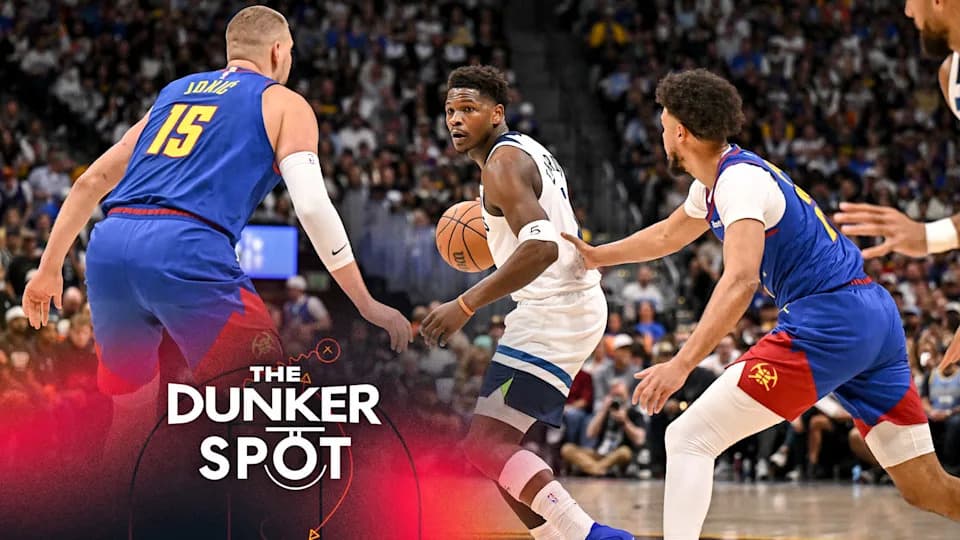 DENVER , CO - APRIL 20: Nikola Jokic (15) and Cameron Johnson (23) of the Denver Nuggets defend Anthony Edwards (5) of the Minnesota Timberwolves during the first quarter at Ball Arena in Denver, Colorado on Monday, April 20, 2026. (Photo by AAron Ontiveroz/The Denver Post)