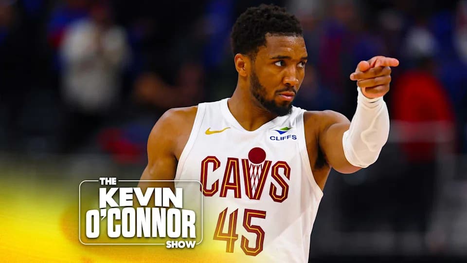 Donovan Mitchell #45 of the Cleveland Cavaliers points against the Detroit Pistons during overtime in Game Five of the Second Round of the NBA Eastern Conference Playoffs at Little Caesars Arena on May 13, 2026 in Detroit, Michigan. (Photo by Gregory Shamus/Getty Images)