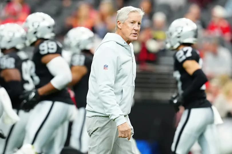 Las Vegas Raiders head coach Pete Carroll observes warm ups before the start of a game against the Kansas City Chiefs at Allegiant Stadium.