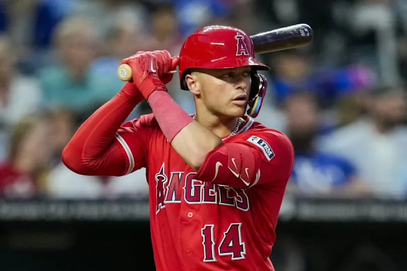 Los Angeles Angels catcher Logan O'Hoppe (14) bats during the seventh inning against the Kansas City Royals at Kauffman Stadium.
