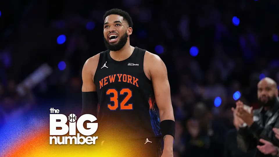 New York Knicks' Karl-Anthony Towns smiles during the first half in Game 5 of a first-round NBA playoffs basketball series against the Atlanta Hawks, Tuesday, April 28, 2026, in New York. (AP Photo/Frank Franklin II)