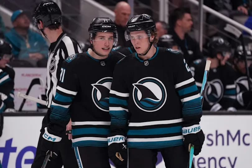 San Jose Sharks center Macklin Celebrini (71) and center Will Smith (2) at San Jose