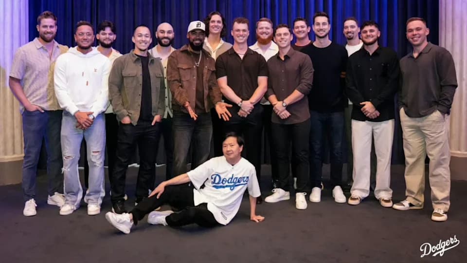 Los Angeles Dodgers players and actor/comedian Ken Jeong pose for a photo at Dodgers Comedy Night at the Saban Theatre in Beverly Hills on Thursday, May 7, 2026.