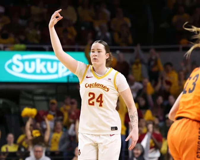 Iowa State Cyclones forward Addy Brown (24) celebrates after a basket during their game with the Oklahoma State Cowboys in the first half at James H. Hilton Coliseum.