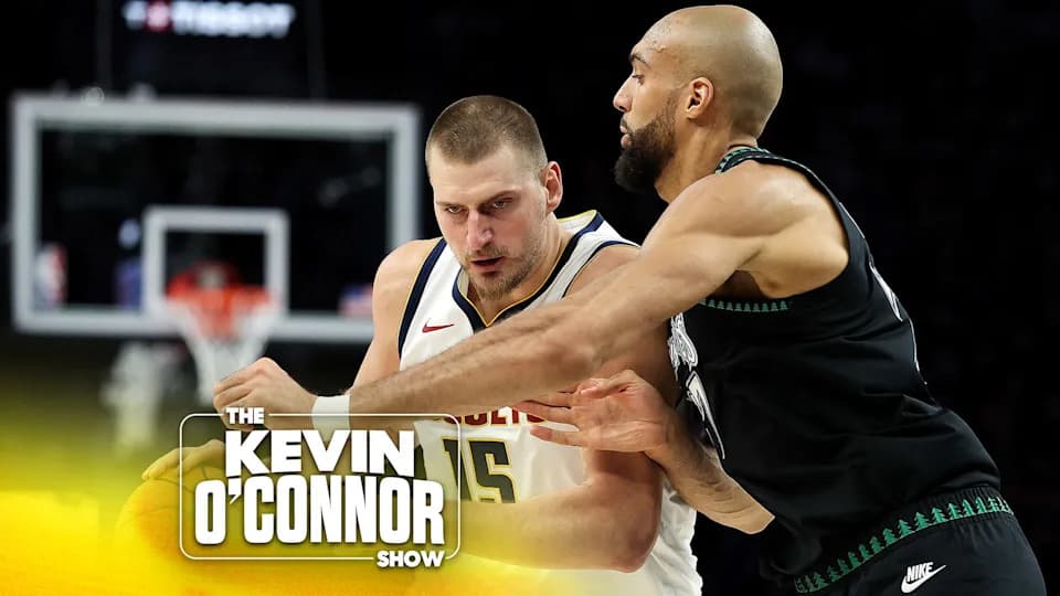 Denver Nuggets center Nikola Jokic, left, works around Minnesota Timberwolves center Rudy Gobert (27) during the first half of Game 6 of a first-round NBA basketball playoffs series, Thursday, April 30, 2026, in Minneapolis. (AP Photo/Matt Krohn)