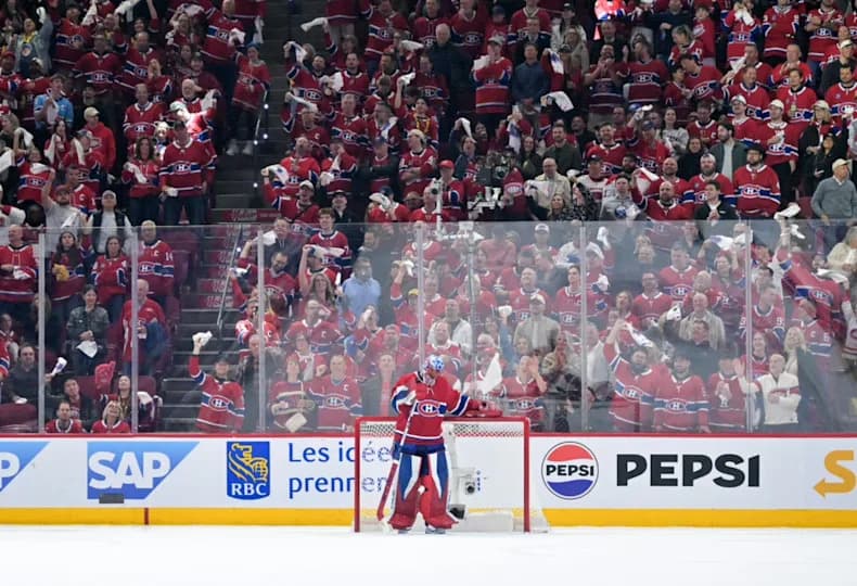 Fans give Montreal Canadiens goalie Jakub Dobes (75) an ovation during the third period against the Buffalo Sabres in game three