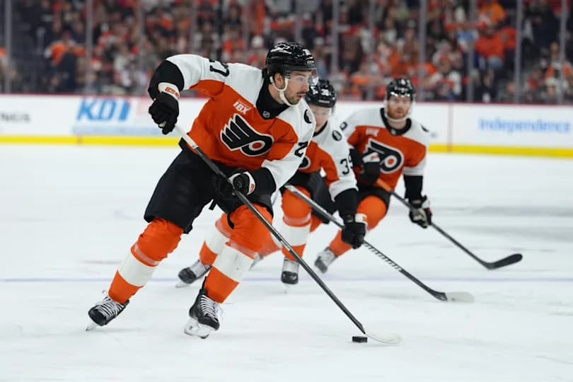 Philadelphia Flyers left wing Noah Cates (27) controls the puck during the 2026 Stanley Cup Playoffs at Xfinity Mobile Arena