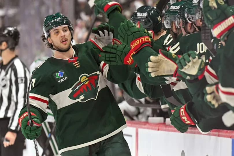 Minnesota Wild defensemen Brock Faber (7) celebrates at Grand Casino Arena