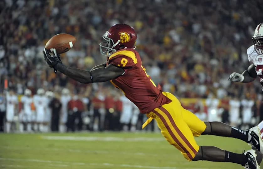 Southern California Trojans receiver Marquise Lee (9) attempts to make a diving catch in the end zone in the second quarter against the Stanford Cardinal at the Los Angeles Memorial Coliseum.