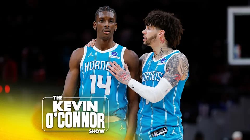 ATLANTA, GEORGIA - FEBRUARY 7: Moussa Diabate #14 reacts with LaMelo Ball #1 of the Charlotte Hornets during the fourth quarter against the Atlanta Hawks at State Farm Arena on February 7, 2026 in Atlanta, Georgia. (Photo by Todd Kirkland/Getty Images)