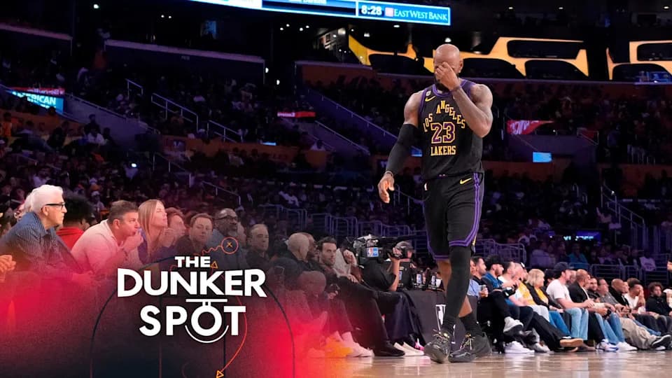 Los Angeles Lakers forward LeBron James wipes his eyes as he walks up court during the first half of Game 4 in a second-round NBA basketball playoffs series against the Oklahoma City Thunder, Monday, May 11, 2026, in Los Angeles. (AP Photo/Mark J. Terrill)